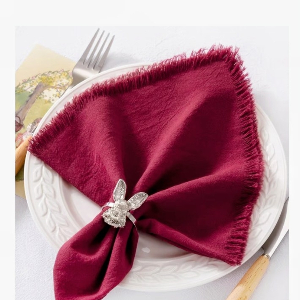 Burgundy Fringed Napkin with Silver Bunny Ring